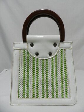 Vintage Patent Leather Lucite Handles handbag purse white green Woven straw 60's